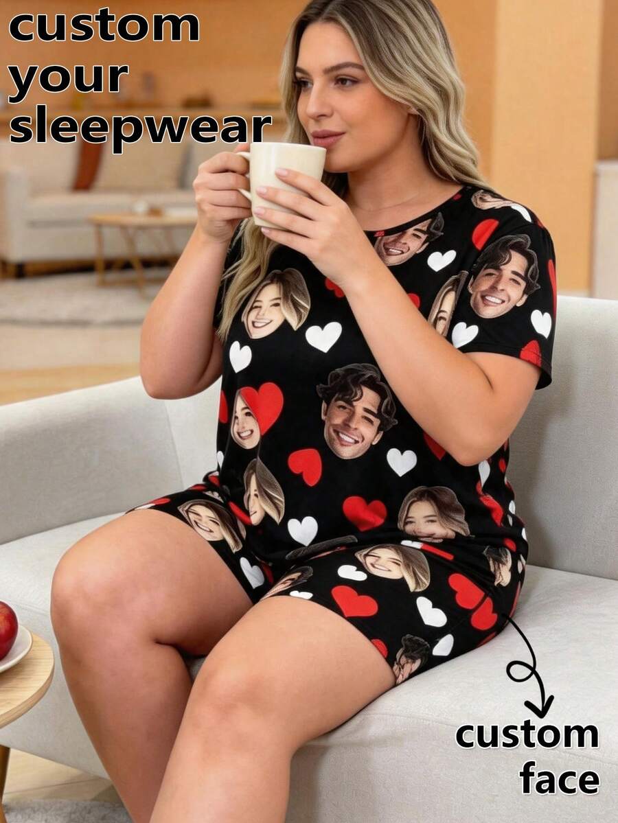 2pcs Plus Size Customized Face Photo Women's Short Sleeve Shorts Pajama Set, Personalized Heart Home Wear, Wife Gift - Multicolor - View 1