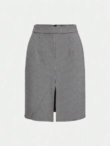 Women's Front Slit Straight Plaid Skirt, Casual Outing Date Commute Autumn Outfit - Black and White - View 5