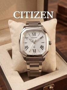 CITIZEN Ladies -Drive Controlled Watch Polished Square Tonneau Steel Bracelet Cream Sunburst Dial Roman Numerals Elegant Dress Watch - Silver - View 7