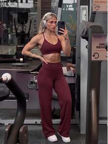 Women's Minimalist High-Waist Casual Comfortable Workout Running Wide Leg Sports Pants, Autumn/Winter - Burgundy - View 9