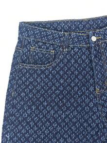 Men's Deep Blue Jacquard Textured Wide Leg Jeans, Y2K Oversized Loose Streetwear Style - Blue - View 7