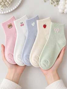 5 Pairs Women's Cute Cartoon Pattern Mid-Calf Socks, Bear Strawberry Cherry Heart Bow Ribbed Knit Pure Cotton Breathable Macaron Light Color Girl Style Short Mid-Calf Socks, Student Girls Daily Campus All-Season Versatile Creative Socks - Multicolor - View 1