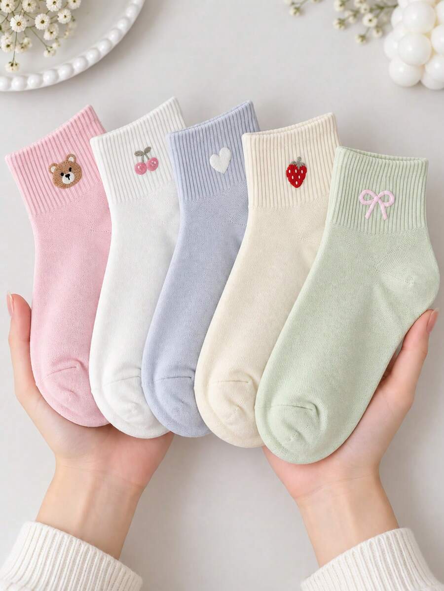 5 Pairs Women's Cute Cartoon Pattern Mid-Calf Socks, Bear Strawberry Cherry Heart Bow Ribbed Knit Pure Cotton Breathable Macaron Light Color Girl Style Short Mid-Calf Socks, Student Girls Daily Campus All-Season Versatile Creative Socks - Multicolor - View 1