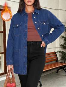 Women's Vintage Casual Denim Jacket With Thermal Lining, Long Sleeve And Turn-Down Collar - Dark Wash - View 5