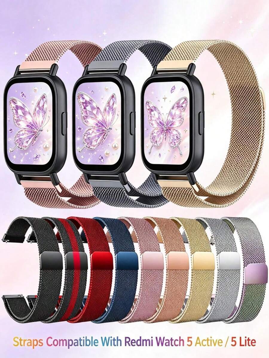22mm 金屬錶帶，適用於 Redmi Watch 5 Active / 5 Lite，不鏽鋼材質，磁吸米蘭尼斯環形替換錶帶，男女通用