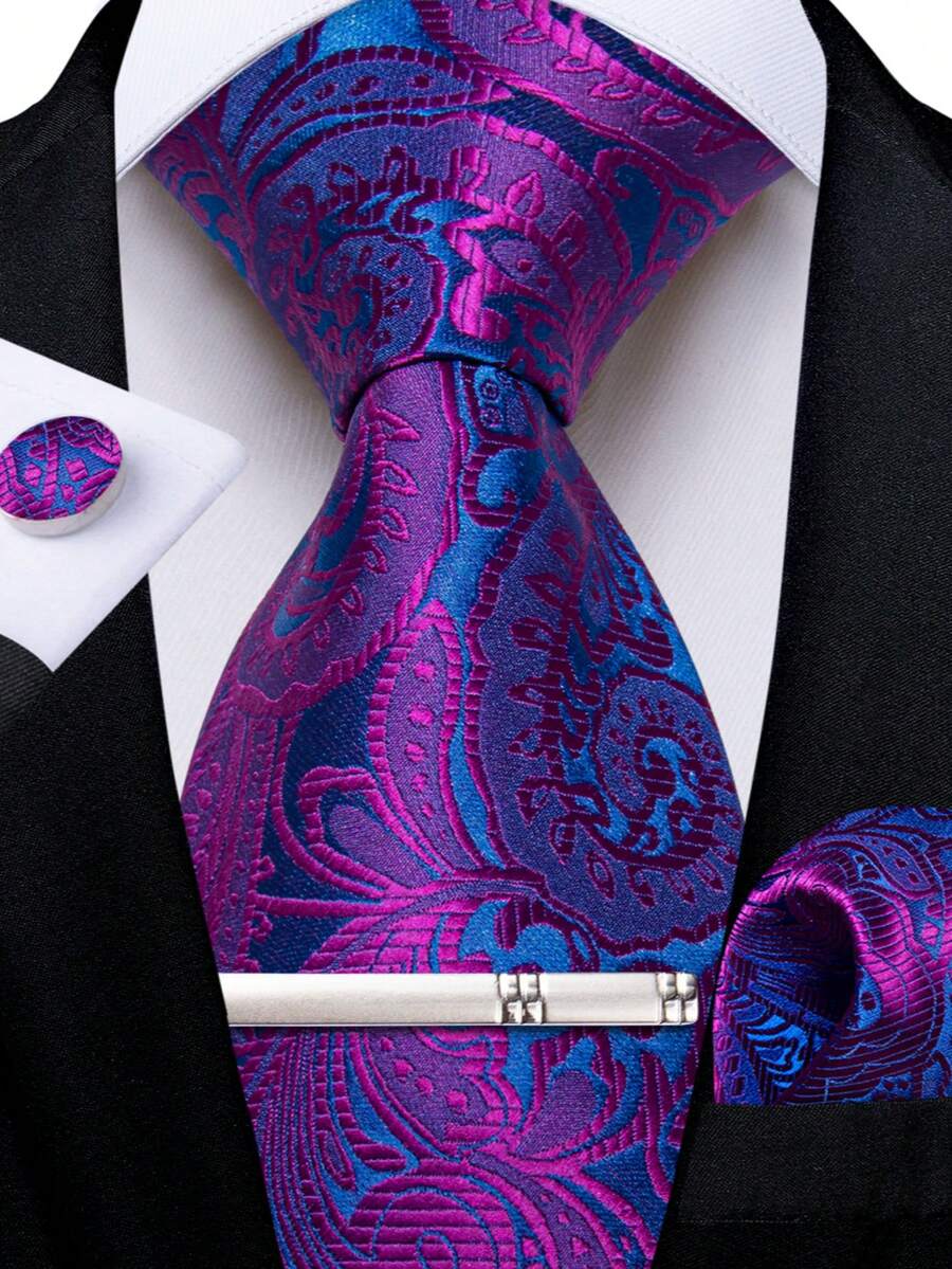 Purple & Blue Contrast Paisley Pattern Men's Tie 4-Piece Set With Pocket Square, Cufflinks, Silver Tie Clip, Evening Party Accessories - Purple - View 1