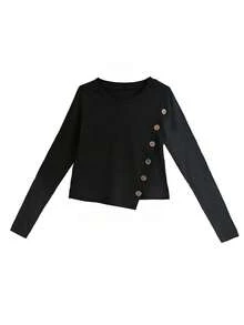 Korean Style Square Shoulder Long Sleeve Top Women's Design Asymmetrical Diagonal Button Base Layer - Black - View 9