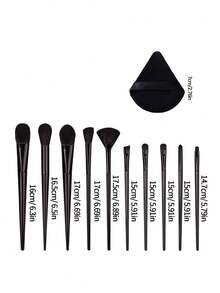 12pcs Beginner Makeup Artist Universal Makeup Brush Set, Includes 10 Face Makeup Brushes + 2 Black Powder Puffs, Foundation, Blush, Contour, Eyeshadow, Loose Powder Full Makeup Tool Kit - Black - View 9