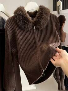 Women's Ribbed Knit Cardigan, Faux Fur Collar Long Sleeve Full Zip Sweater, Autumn/Winter Fashion Style - Brown - View 1