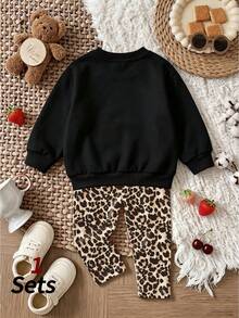2pcs/Set Girls Casual Crew Neck Long Sleeve Sweatshirt + Leggings Set, Leopard Print "GIRL" Pattern Children's Outfit, Suitable For Autumn/Winter - Multicolor - View 4