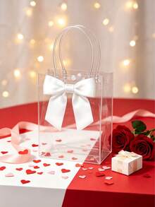 20pcs/10pcs Transparent PVC Gift Bags With White Satin Bow, Clear Plastic Tote Bag With Handle And Snap Button, Reusable Wedding Favor, Birthday, Valentine's Day Party Gift Packaging Bags - White - View 5