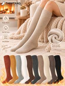 ZHIYITANG Random 1 Pair/4 Pairs Women's Winter Solid Color Thick Soft Warm Knitted Long Socks, Minimalist Versatile Knee-High Socks For Autumn/Winter Daily Commute, Home, Leisure, Multiple Colors Available, Suitable For Everyday Use - Multicolor - View 1