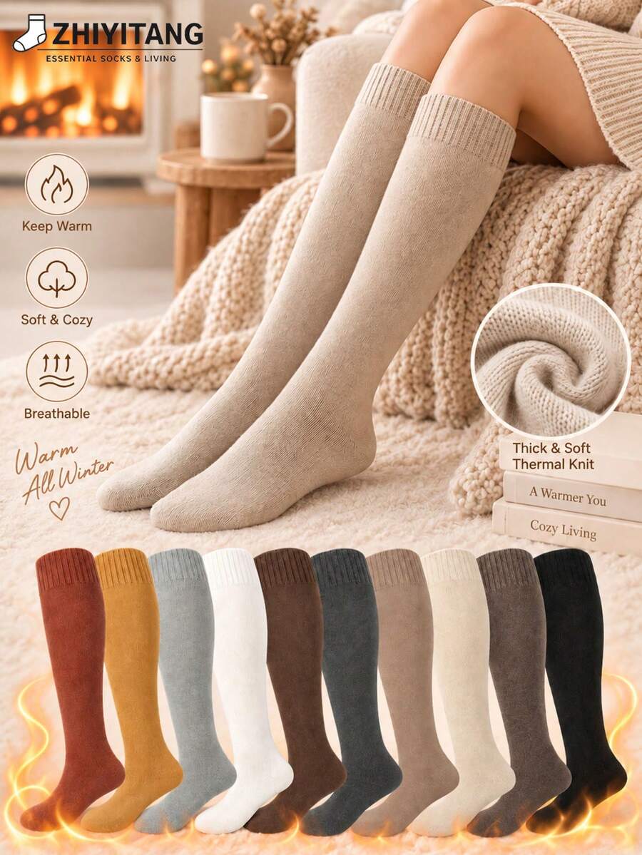 ZHIYITANG Random 1 Pair/4 Pairs Women's Winter Solid Color Thick Soft Warm Knitted Long Socks, Minimalist Versatile Knee-High Socks For Autumn/Winter Daily Commute, Home, Leisure, Multiple Colors Available, Suitable For Everyday Use - Multicolor - View 1