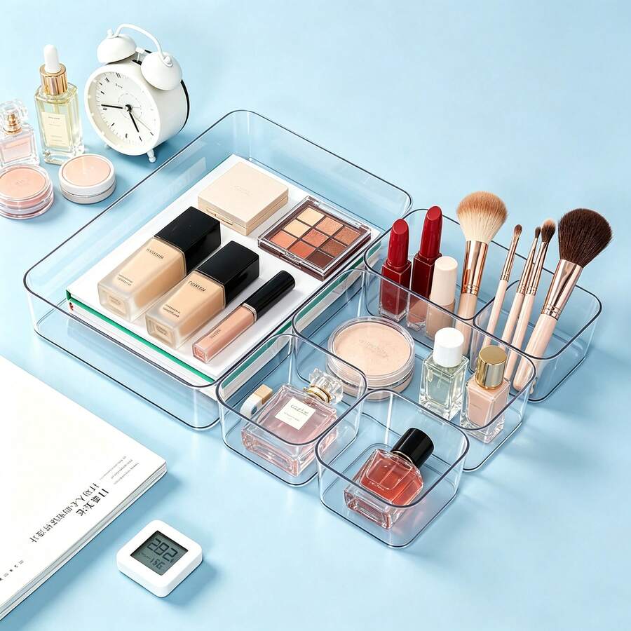 5/7/11/16/18/25pcs Transparent Aesthetic Makeup Tool Storage Box, Drawer-Style Desk Organizer, Makeup Brush Mask Lipstick Eyebrow Pencil Storage Box, Bathroom Skincare Cosmetic Organizer, Vanity Storage Box