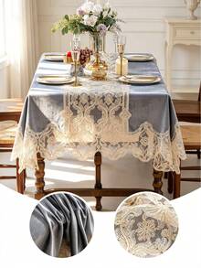 1pc Light Gray Velvet Hollow Lace Tablecloth, Gold Vine Rope Embroidery Craft Tablecloth, Multiple Size Options, Suitable For Living Room, Dining Room, Home Decor And Room Decoration, Perfect For Holiday Party Decor Or Dining Table Decoration - Dusty Purple - View 4