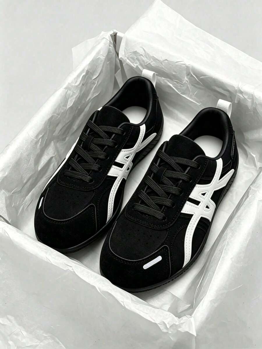 Patchwork Low-Top PU Suede German Trainer Shoes, Soft Sole, Durable, Commuting, Jogging, Versatile Casual Shoes For Men And Women - Black - View 1