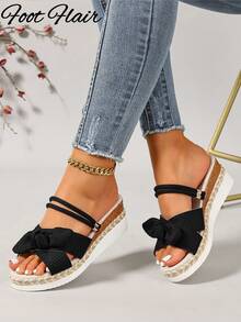 Foot Flair 女款黑色楔形厚底露趾涼鞋，波希米亞風，百搭大尺碼夏季海灘度假款 - 黑色 - 查看 6