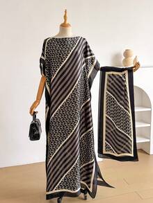 1 Set Faux Silk Elegant Pattern Printed Long Robe Set For Women, Beach Sun Protection Pullover Shawl With Satin Scarf, Perfect For Layering And Daily Wear - Black - View 2