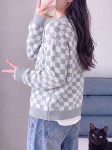 Girls' & Teens' Vintage Plaid Long Sleeve Knit Cardigan, Loose Fit Versatile Outerwear Sweater Top - Grey - View 7