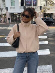 MUMRAP Women's Stand Collar Zipper Long Sleeve Loose Short Windbreaker Jacket, Casual Solid Color Lightweight Outerwear - Baby Pink - View 2