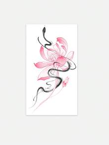 1pc Temporary Tattoo Sticker, Pink Ink Wash Lotus & Black Snake Pattern, Realistic Fake Tattoo Design, Suitable For Daily, Bachelorette Party Favors, Music Festivals, Cosplay, Graduation Gifts, Lasts 3-5 Days - Multicolor - View 3
