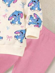 Young Girl Cartoon Pattern Round Neck Long Sleeve Sweatshirt And Leggings Casual Set - Apricot - View 6