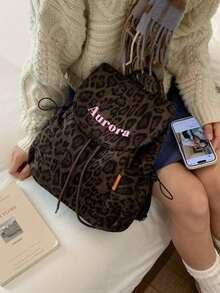 Tas Ransel Serut Motif Leopard Vintage Modis dengan Cetakan Huruf Sederhana, Tas Perjalanan Lipat Kapasitas Besar untuk Wanita dan Mahasiswa - Coffee Brown - View 2