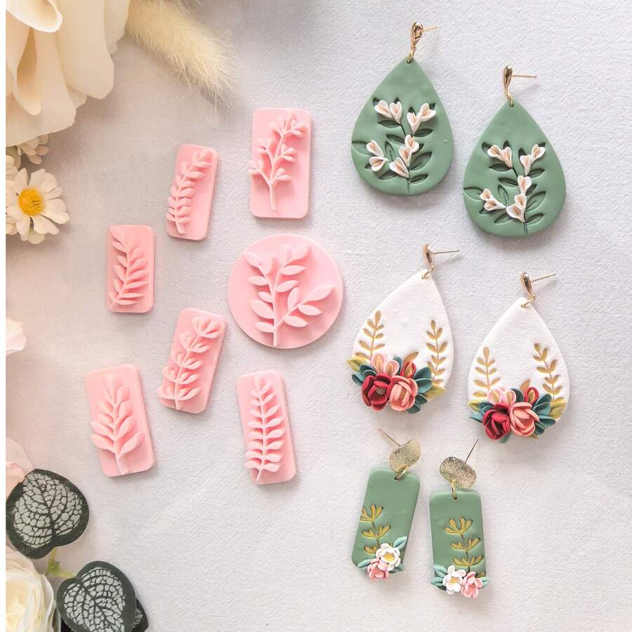 Light Romantic Botanical Style Polymer Clay Cutting Mold, Elegant Branch & Leaf Relief, Classical Vine Line Design Clay Cutting Mold, DIY Handmade Earring Pendant Brooch Making Tool, Compatible With Polymer Clay, 3D Printed, Clean Cut, Handmade Jewelry Floral DIY Craft Accessory, 3D Printed, Clean Cut, Handmade Jewelry Floral DIY Craft Accessory - Leaf - View 1