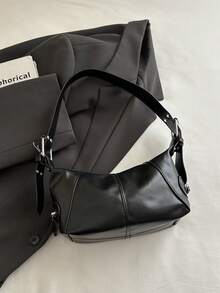 Tas Bahu Kulit Resleting Desain Niche untuk Gadis Keren, Tas Lengan Gaya Vintage Eropa dan Amerika dengan Kantong Resleting, Produk Baru - Hitam - View 7