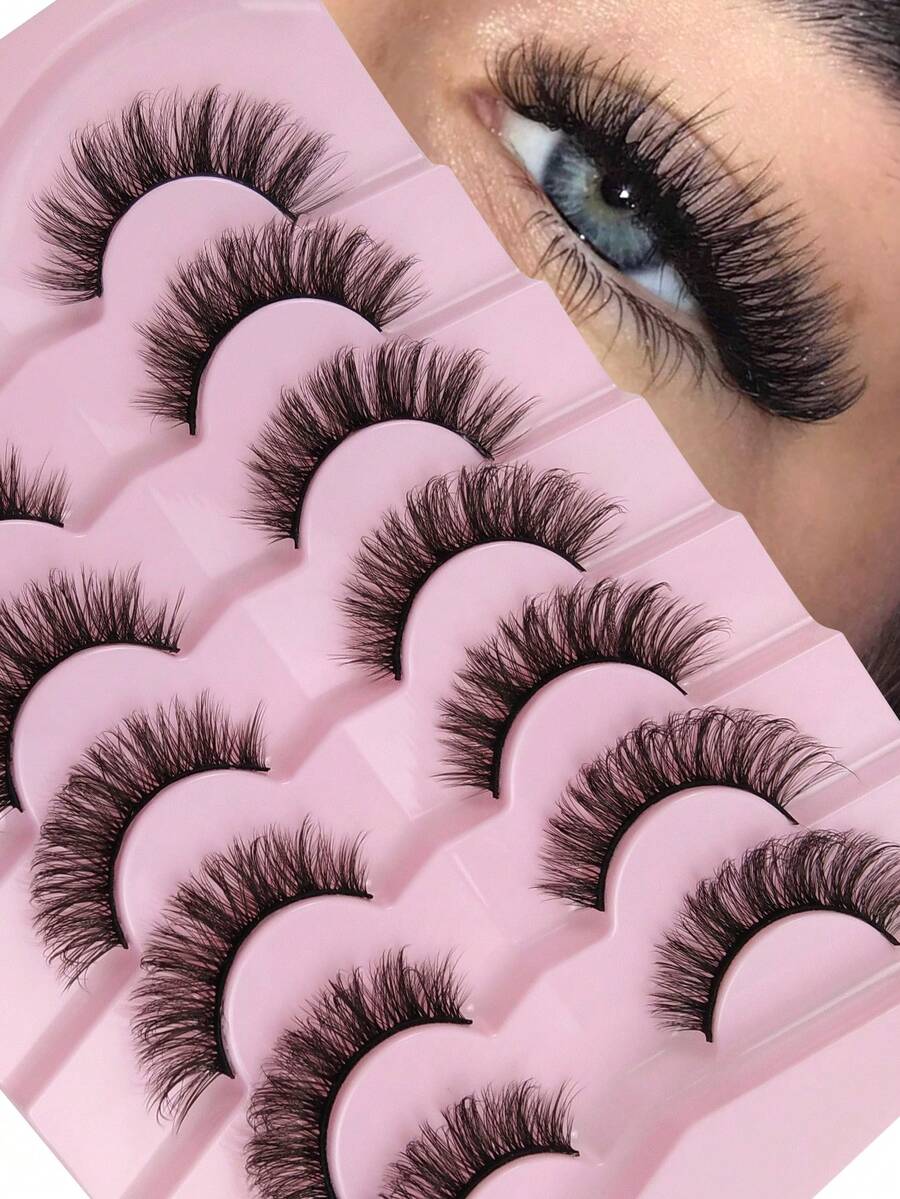 7 Pairs Fluffy Cat Eye False Eyelashes Natural & Realistic Mink Lashes Soft & Voluminous Long Wispy Ends Suitable For Daily Use - Black - View 1