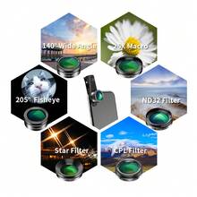 APEXEL 6-In-1 Phone Lens Kit, Premium Optical Lens, 25X Macro + 205° Fisheye + 140° Wide Angle + CPL + Star + ND Filter, Best Gift For Photography Lovers, Vlog Photo Accessory - View 10