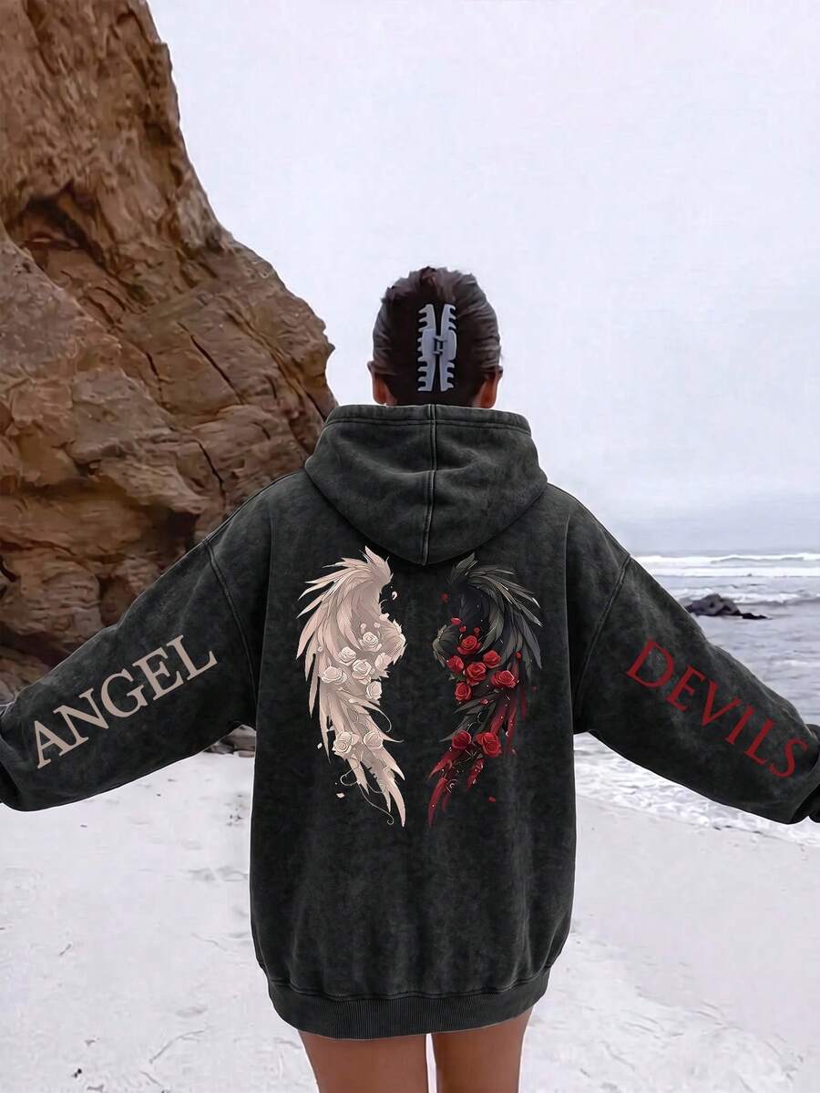 Sudadera con capucha de talla grande y ajuste holgado, con estampado de alas de ángel y demonio con rosas rojas y blancas, cómoda sudadera tipo pullover - Negro - Ver 1