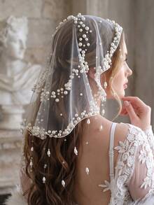 Elegant Pearl Beaded Bridal Veil Soft Tulle Short Wedding Veil With Dangling Tassel Edge Romantic Bride Headpiece Photo Accessories - Off White - View 2