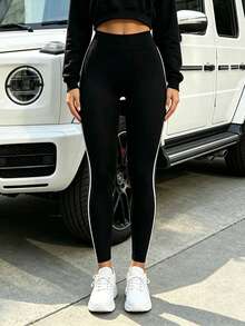Women's Black Knitted Elastic Leggings With Striped Pattern, Shaping Waist, Slim Fit, Tight, For Fitness, Workout, Running, Home, Comfortable, Soft, Yoga, Outdoor, Vacation, Walking, Fashionable And Versatile, Autumn/Winter - Multicolor - View 7