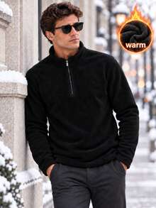 Men's Solid Color Fleece Warm Stand Collar Long Sleeve Polo Shirt - Black - View 1