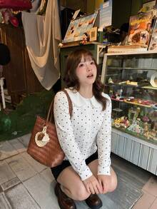 Women's Sweet Chic Fall Polka Dot White Blouse, Peter Pan Collar Button Down Long Sleeve Slim Fit Top For School, Date, Outings - White - View 4
