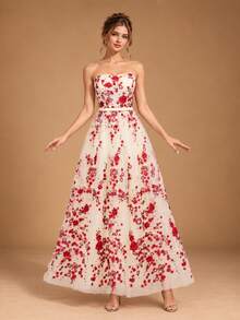 VIPGIRL Elegant Strapless Long Dress For Women, Decorated With Red Floral Embroidery, Flared Mesh Fabric, Formal Evening Gown, Perfect For Balls. - Apricot - View 5