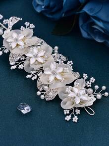1pc Elegant Handmade Crystal Rhinestone Pearl Flower Leaf Wedding Tiara Headband Bridal Hair Accessories Women Jewelry - Silver - View 6