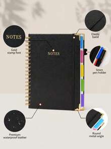 1pc A5 Double-Line Loose-Leaf Notebook, 300 Pages, 5 Divider Tabs & Writable Labels, PU Leather Hard Cover, 100gsm Bleed-Resistant Paper, With Pen Holder & Elastic Band, Suitable For Office, School, University, Meeting Notes, Daily Journal, Travel, Goal Tracking - Multicolor - View 7