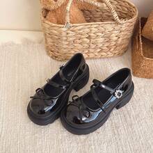 Black Round Toe Thick Sole Mary Jane Shoes For Women, Bowknot Double Buckle Rhinestone Buckle Platform Sole Sweet Cool JK Style Height Increasing Versatile Shoes - Black - View 3