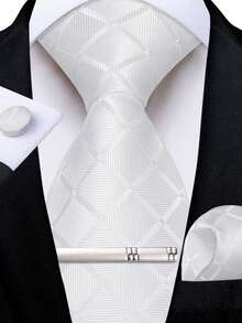 White Diamond Textured Men's Tie 4-Piece Set With Pocket Square, Cufflinks And Silver Tie Clip For Formal Occasions - White - View 1