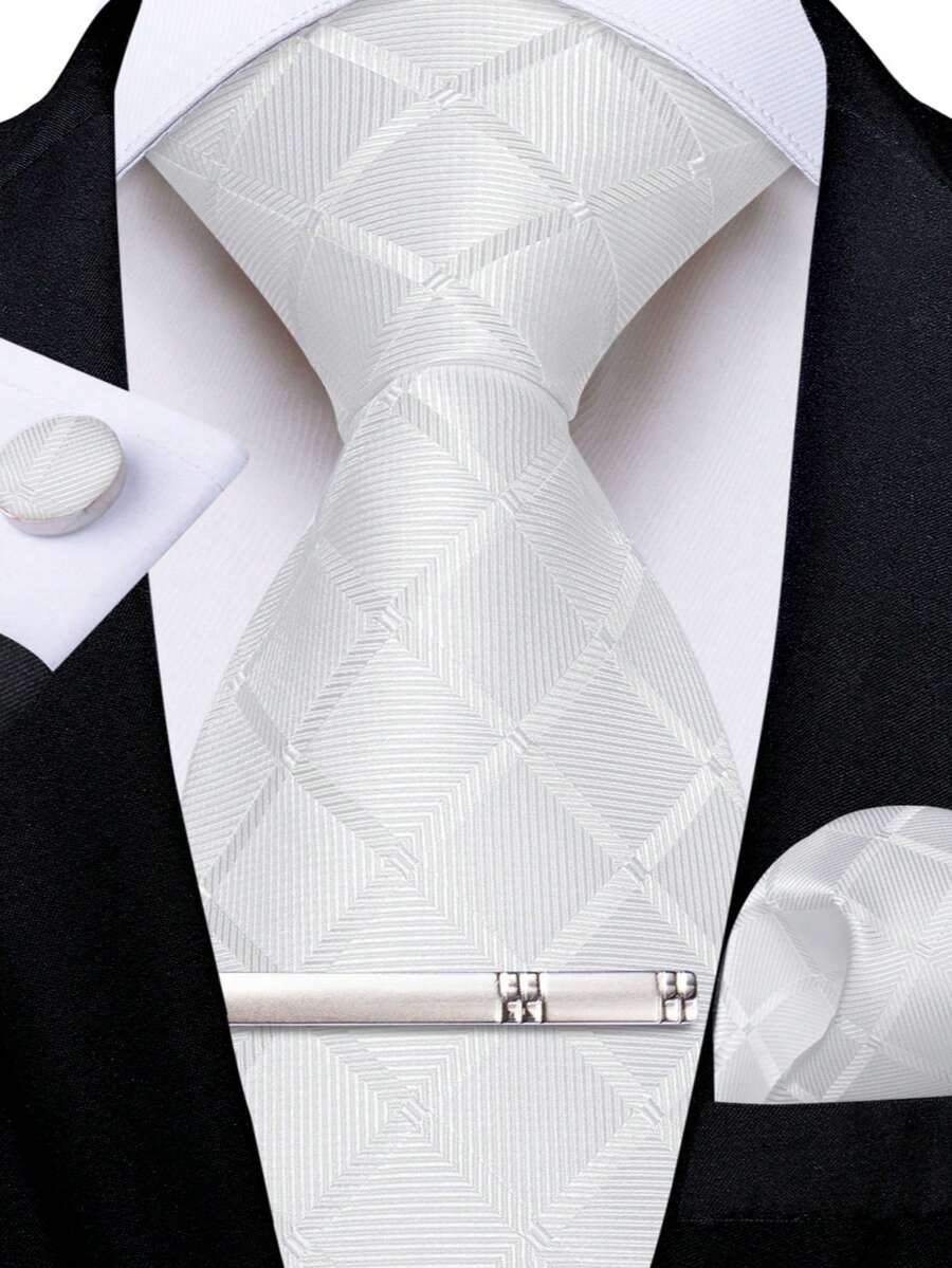 White Diamond Textured Men's Tie 4-Piece Set With Pocket Square, Cufflinks And Silver Tie Clip For Formal Occasions - White - View 1