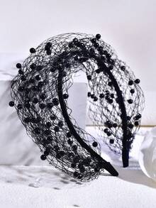 Vintage Mesh Pearl Beaded Headband Veil, Evening Party Face Cover Headpiece - Multicolor - View 8