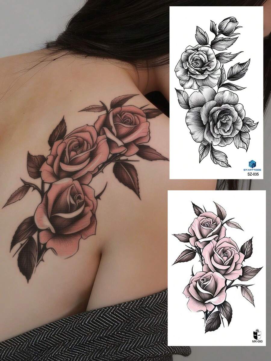 2PCS Gentle Ins Style Rose Pattern Party Gift Holiday Gift DIY Music Festival Temporary Tattoo Stickers For Arm, Shoulder, Neck, Collarbone, Leg, Waterproof Body Skin - Multicolor - View 1