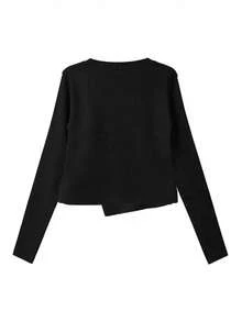 Korean Style Square Shoulder Long Sleeve Top Women's Design Asymmetrical Diagonal Button Base Layer - Black - View 2