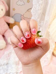 24pcs Kids Girls Press-On Short Artificial Nails, Cute Strawberry & Flower Gradient Design, Pre-Glued Full Coverage Acrylic Nail Tips Set, Suitable For Children Girls Nail Decoration (Strawberry Girl) - Multicolor - View 4