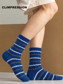 CLIMPRESSION Men's Striped Plush Crew Socks, Thick Fuzzy Coral Fleece Mid Calf Socks, Warm Winter Thermal Home Sleeping Socks - Blue - View 1