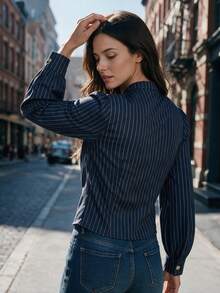 Women Vertical Striped Ruffle Cuff Shirt Button Down Casual V Neck Tops For Going Out Dating Daily Commuting - Blue - View 2