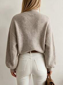 Women's Fall Winter Oatmeal Heathered Soft Cozy Fuzzy Knit Mock Neck Lantern Sleeve Sweater, Oversized Slouchy Casual Daily Office Work Commute Wear - Oatmeal Color - View 6