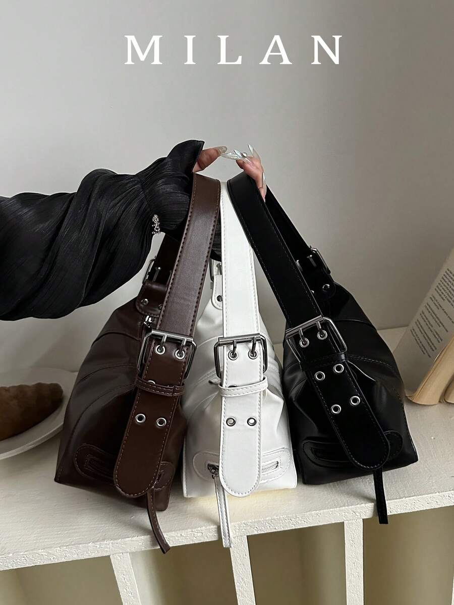 Tas Bahu Kulit Resleting Desain Niche untuk Gadis Keren, Tas Lengan Gaya Vintage Eropa dan Amerika dengan Kantong Resleting, Produk Baru